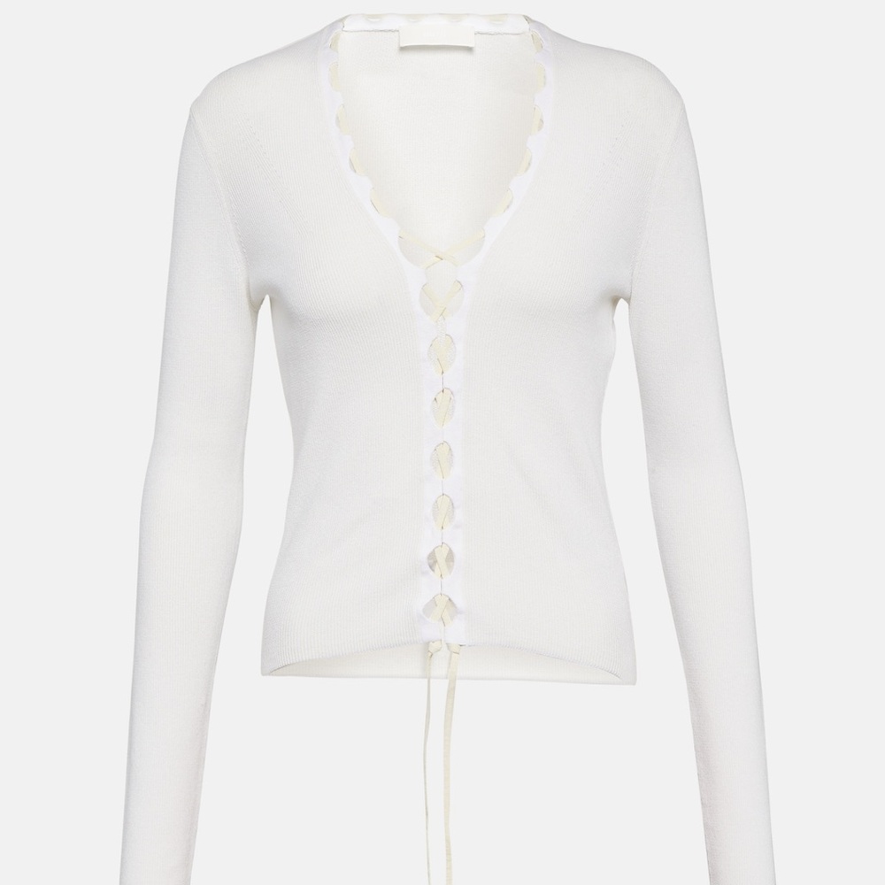 Lace-Up Ribbed-Knit Cotton Cardigan
